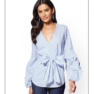 NY&C blue and white stripe poof sleeve blouse